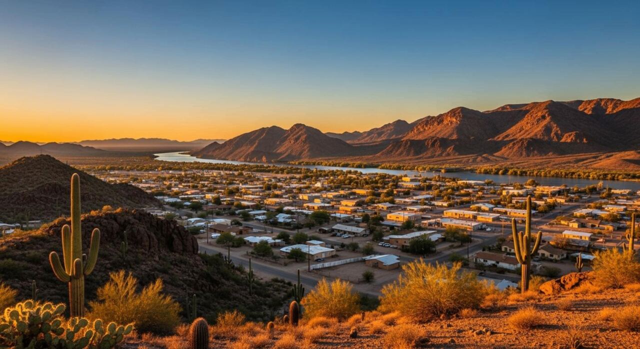Fort Mohave desert landscape with the Colorado River and mountains at golden hour